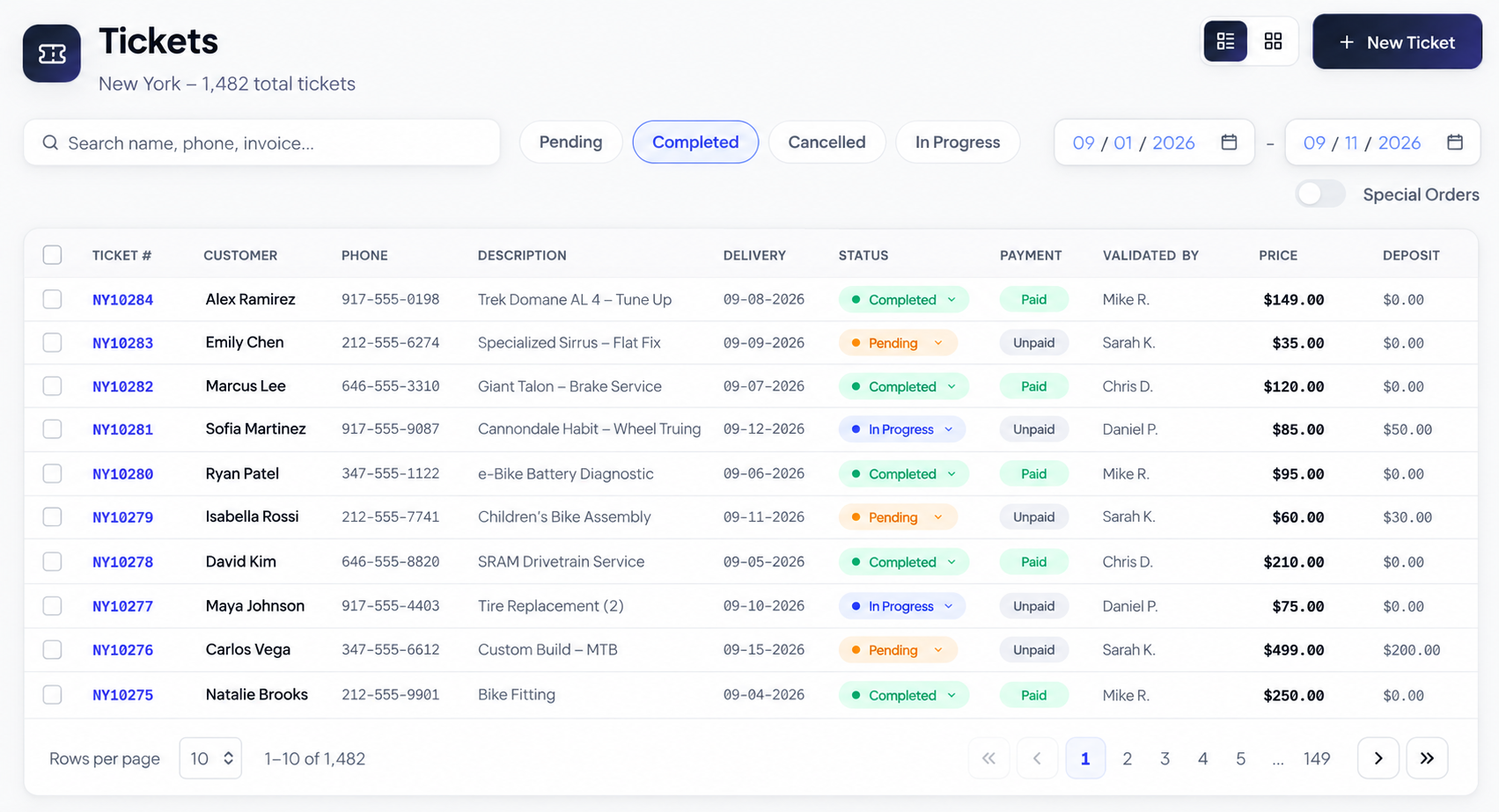 CRM.bike service ticket screen with status, mechanic and due date